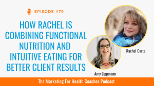 white background with blue text and the words How Rachel Is Combining Functional Nutrition And Intuitive Eating For Better Client Results and. photos of amy lippmann and rachel carta