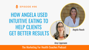 white background with blue text that reads How Angela Used Intuitive Eating to Help Clients Get Better Results and photos of amy lippmann and angela houck